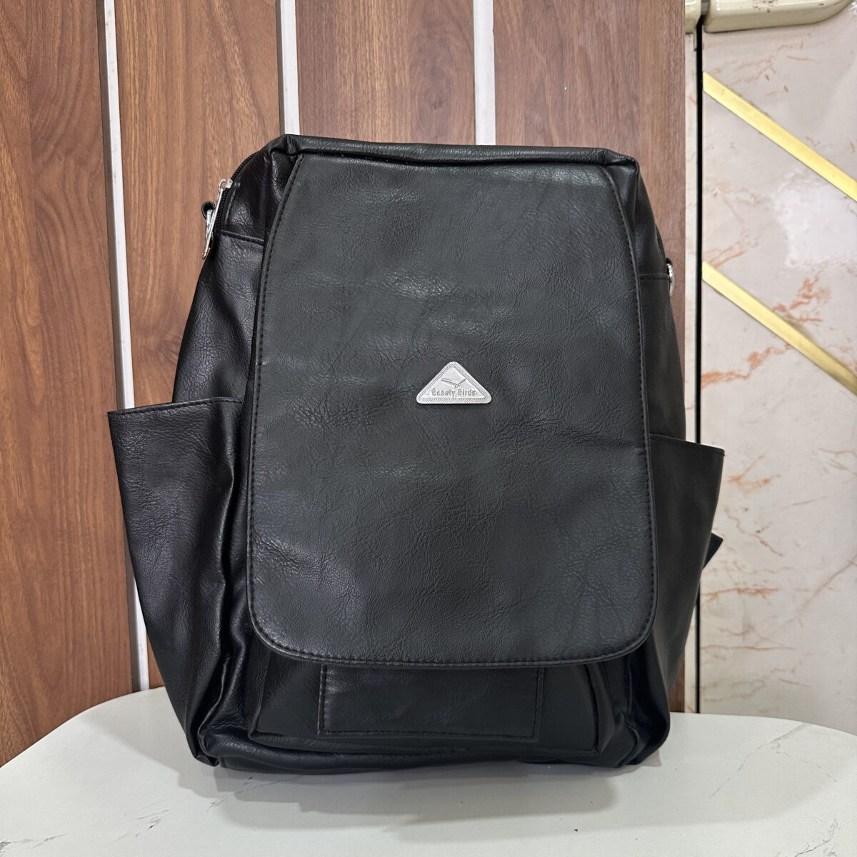 Sleek Leather Bagpack- Black - Image 7