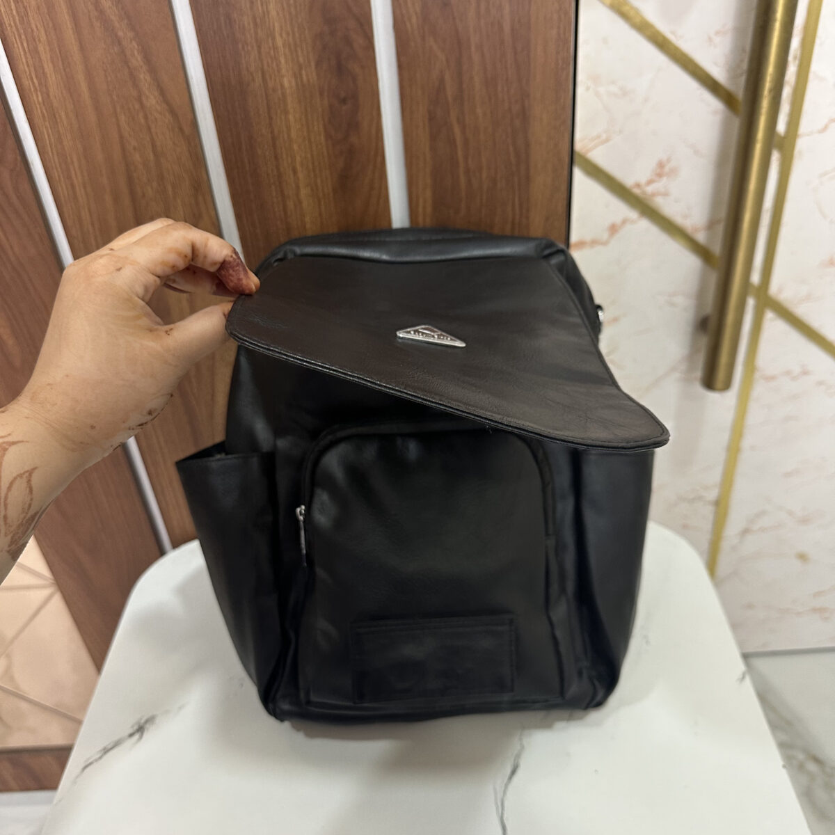 Sleek Leather Bagpack- Black - Image 4