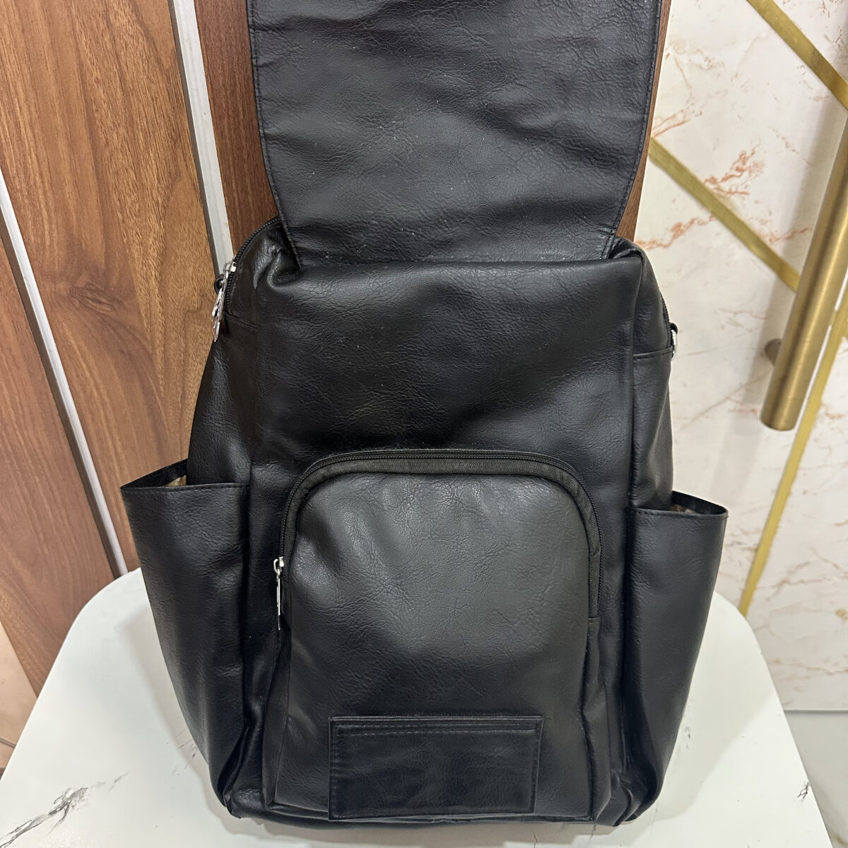 Sleek Leather Bagpack- Black - Image 3